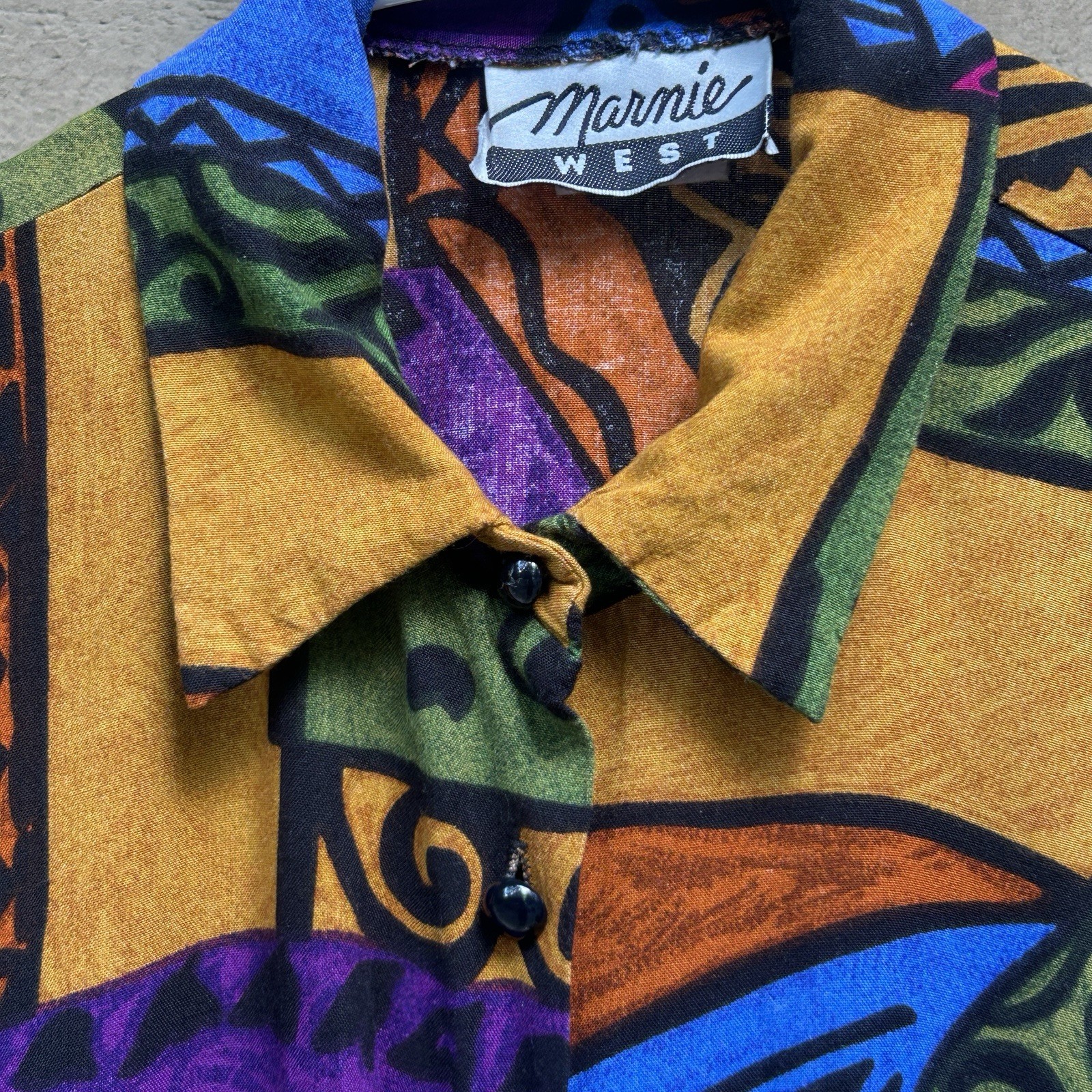 90s Vintage Marine West Jewel Tone Abstract Print Sheer Sleeve Button Up Blouse