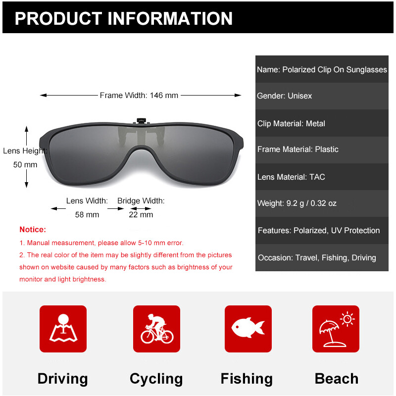 Polarized Clip-on Sunglasses Flip Up Metal Clip Eyewear for Prescription Glasses