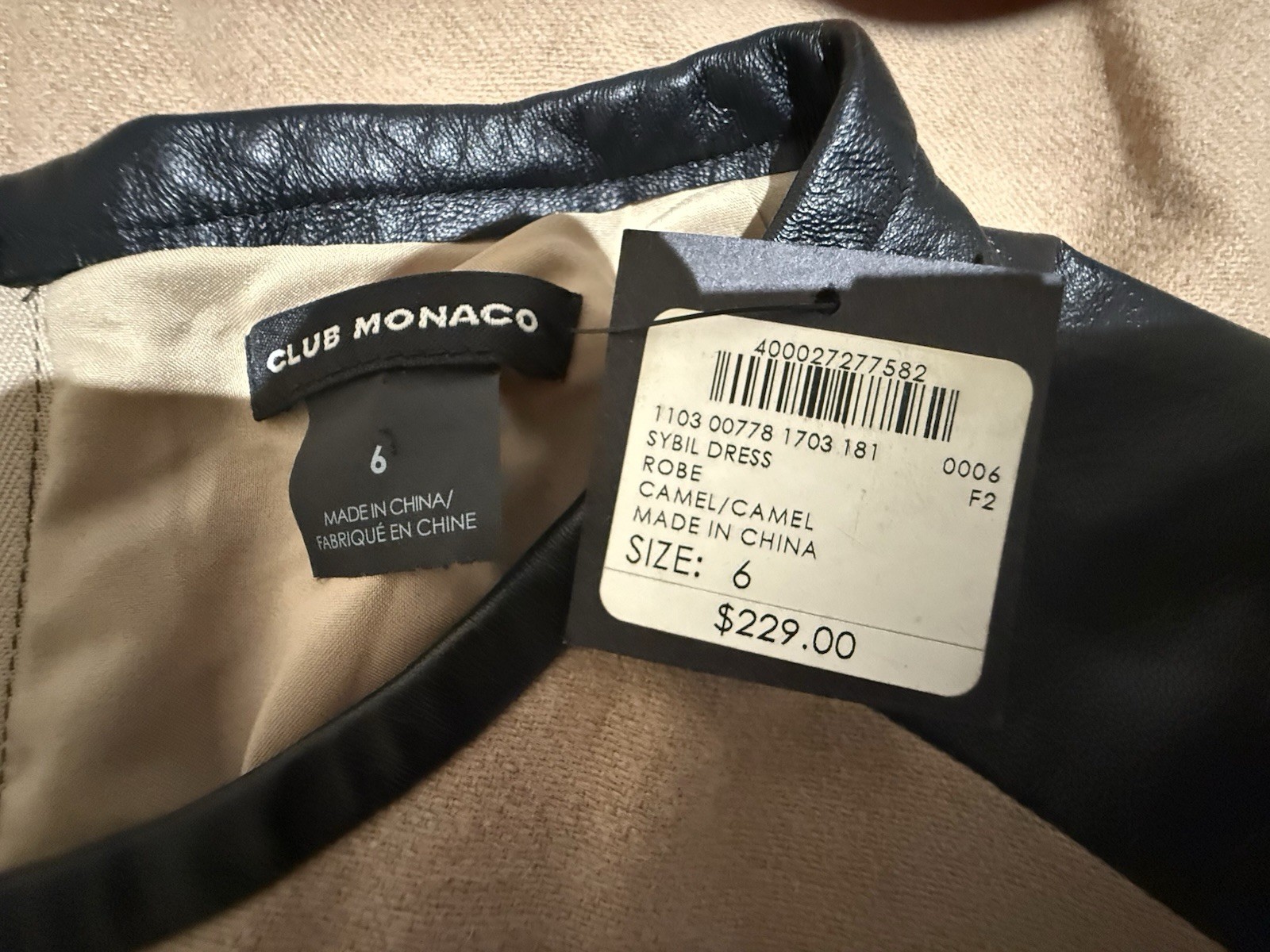Club Monaco Dress with Black Leather Short Sleeves, size 6