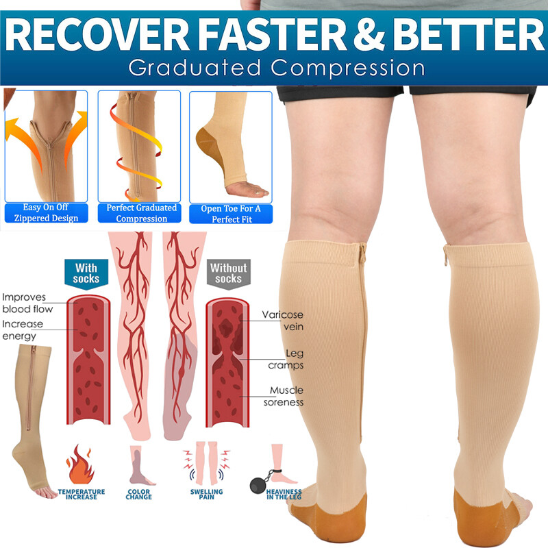 Zipper Compression Socks Stockings Women Men Knee High Socks 20-30 mmHG Open