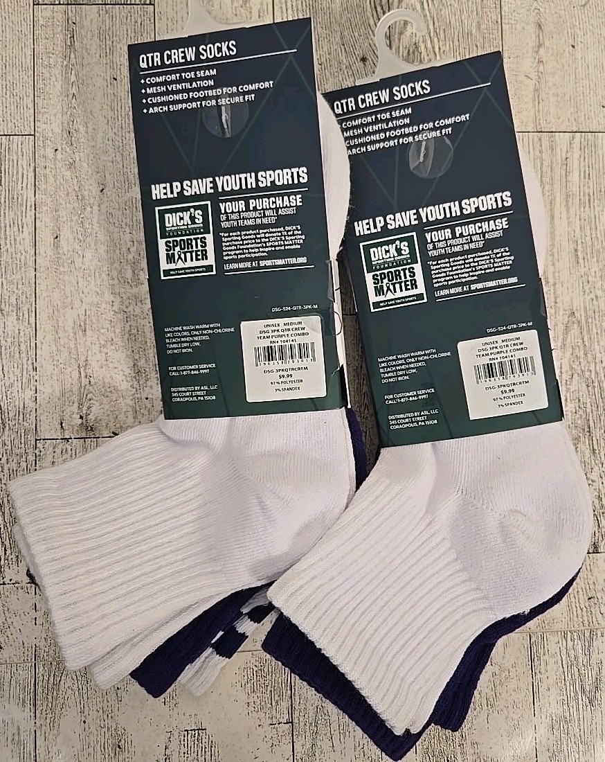 Mens Quarter Crew Socks M or L 3pk Cushioned Purple Baseball Stripe Lot of 2 NEW