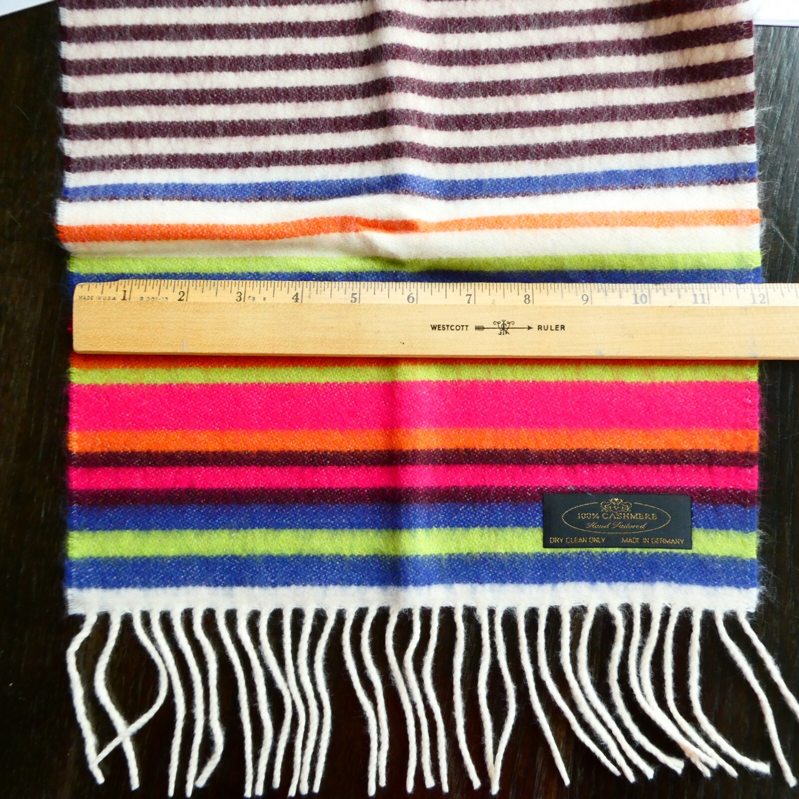 NEW 100% Pure Cashmere Bright Colors Striped Scarf 12×66 inch Fringe Germany