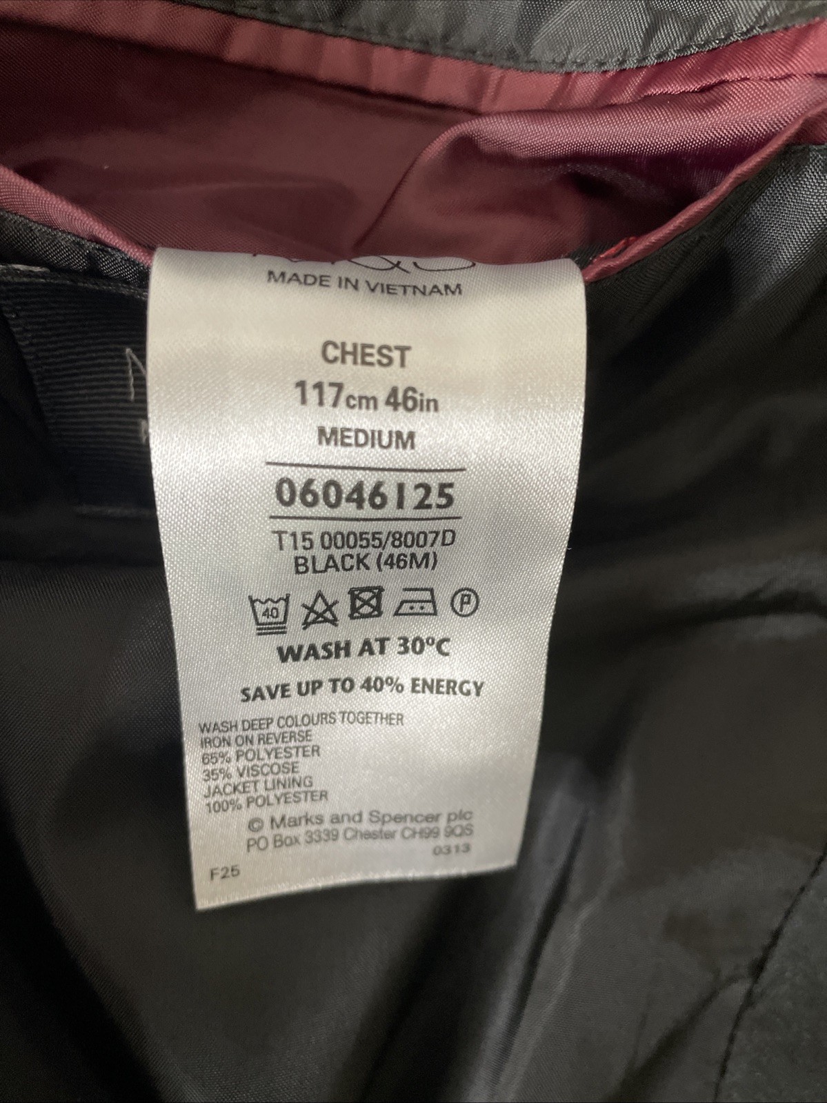 M&S MEN’S TUXEDO DINNER SUIT JACKET MACHINE WASHABLE REG FIT Size 46″ Med 117cm