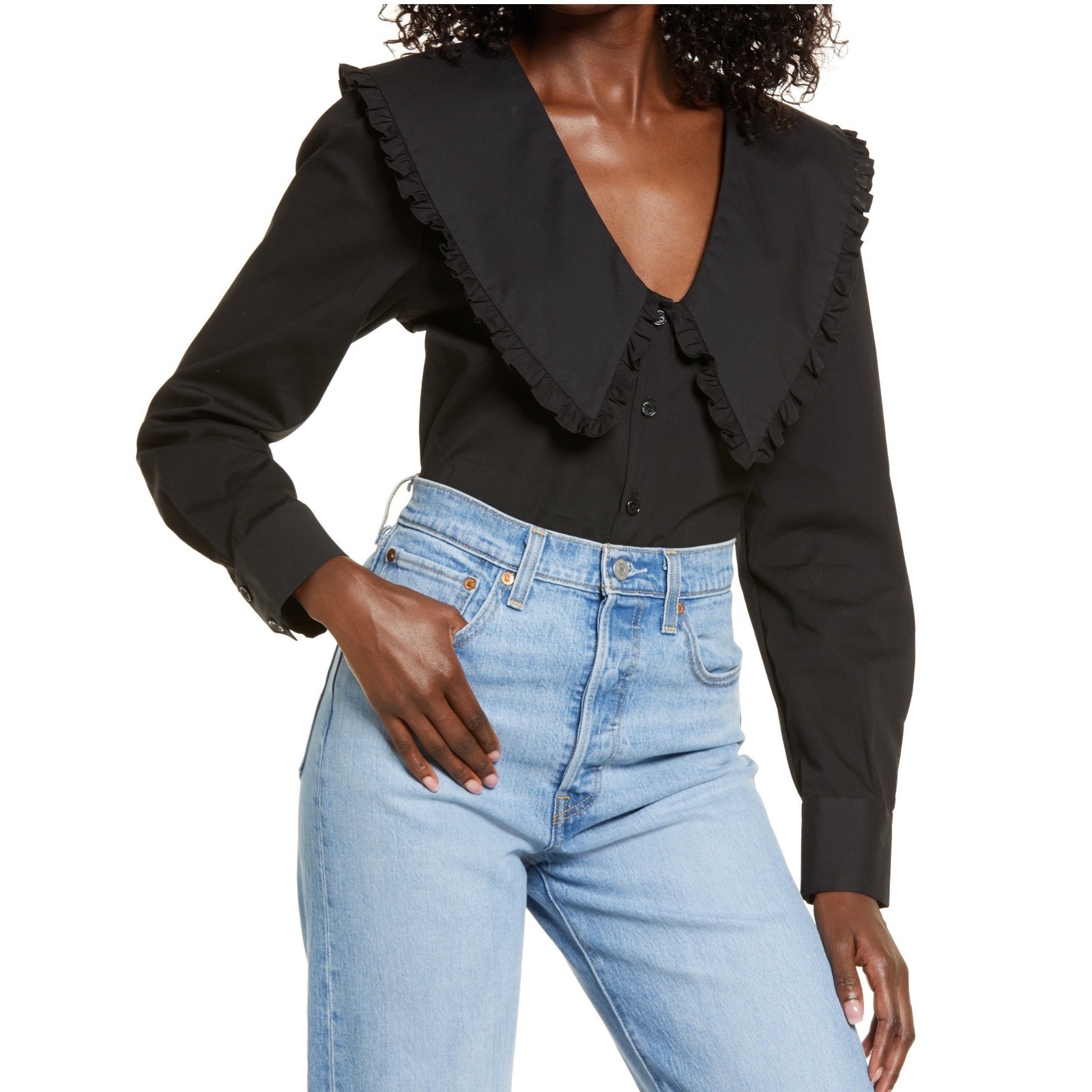 WAYF Esther Collar Blouse Black Oversized Ruffle Peter Pan Collar Shirt Medium