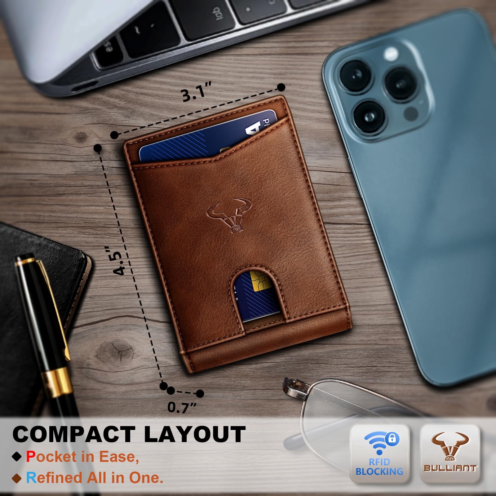 BULLIANT Men Wallet, Slim Leather Wallet Front Pocket Card Holder Gift For Men 1