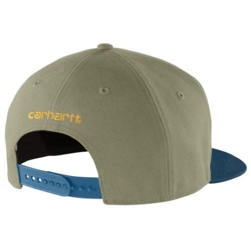 *RARE* Carhartt Canvas Firm DUCK FLAT Brim Bill Trucker Hat Green Olive & Blue
