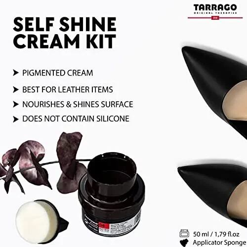 Tarrago Shoe Shine Cream Self Liquid Polish Kit Leather 50 ml jar (1.76oz) BLACK