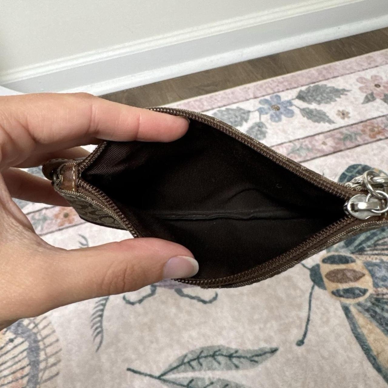 Coach Signature Brown Tan Wristlet Zip Wallet w/ Wrist Strap & Card Slots