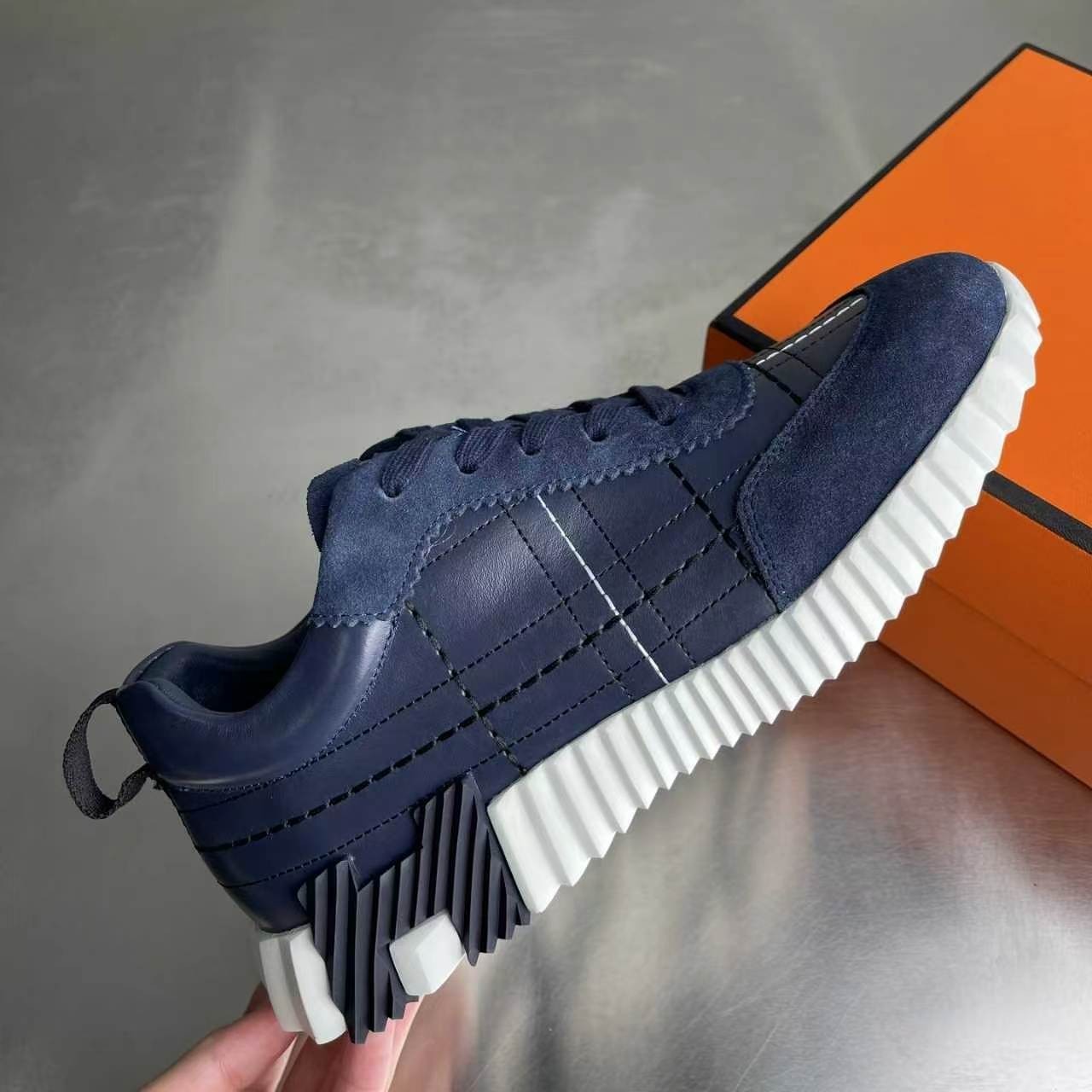 Hermes Bouncing Sneakers Navy Blue Leather Suede Men’s Low Top Trainers