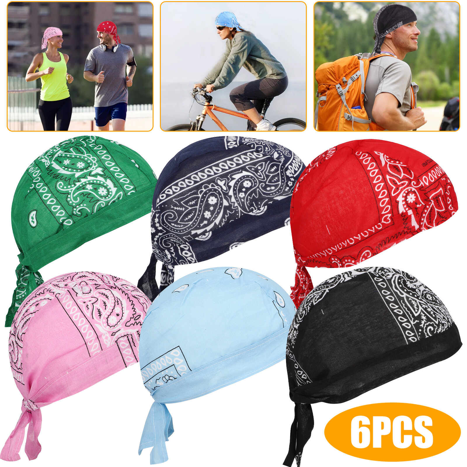 6Pcs Biker Head Wrap Skull Cotton Hat Motorcycle Hip Hop Bandana Breathable Caps
