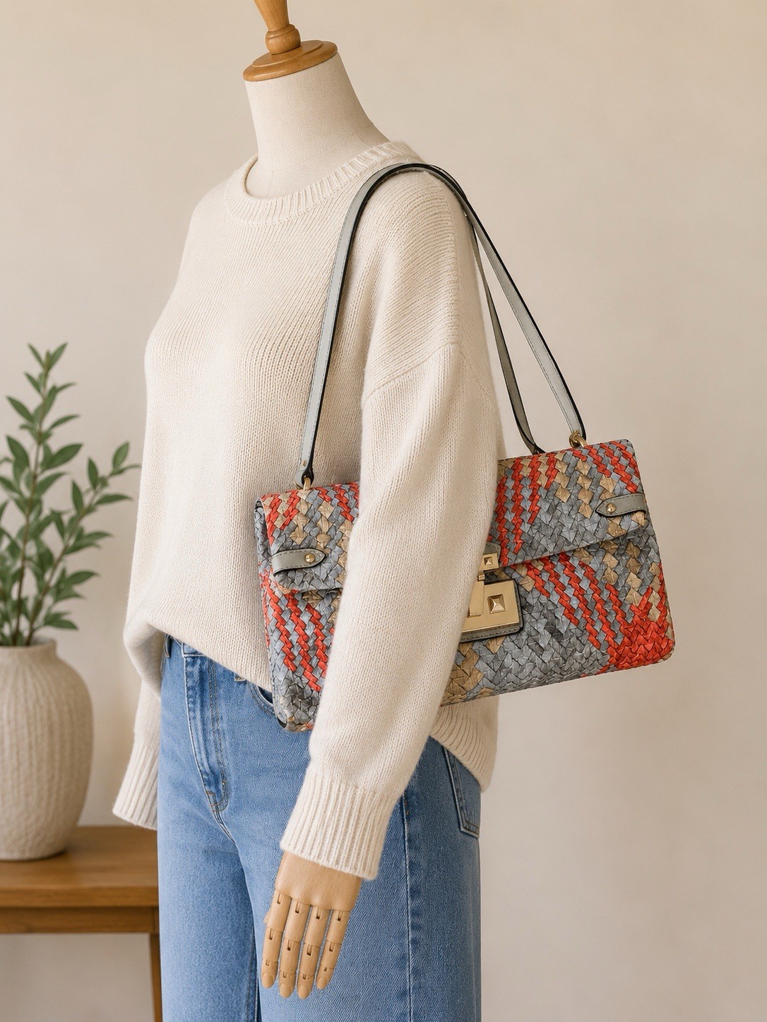 Woven Plaid Pattern Clutch Shoulder Bag with Turn-Lock Closure