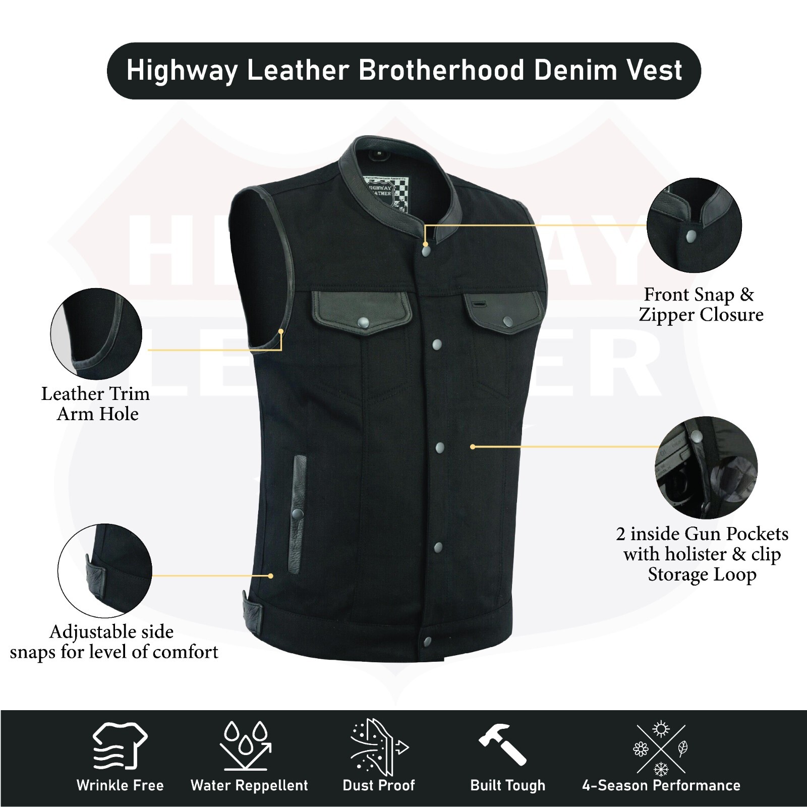 Biker Denim Club Style Anarchy Vest with Conceal Carry Gun Pocket SKU HL21689
