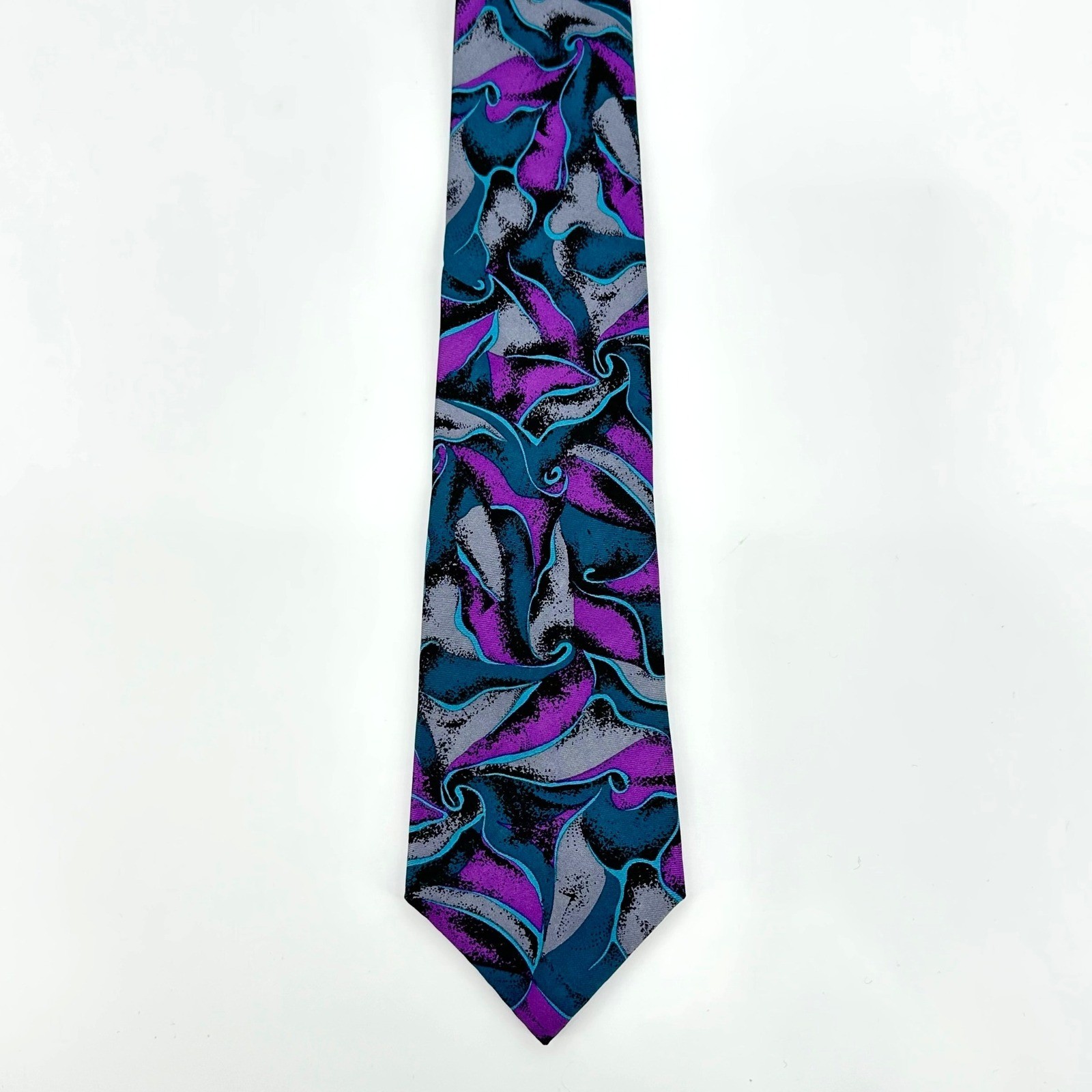 Vintage Chaps Ralph Lauren Mens 100% Silk Tie Abstract Swirl Purple Teal Gray