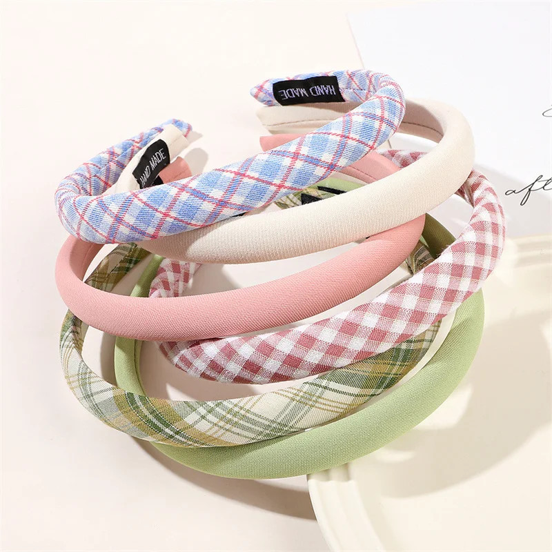 1/2/3pcs Spring Summer Women Solid Color Head Hoop Princess Girls Sweet Plaid Cl