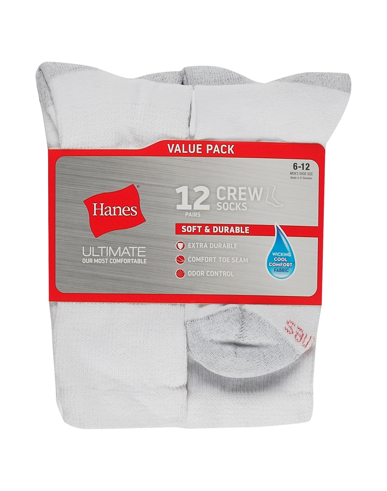 Hanes Men’s Crew Socks 12-Pack Ultimate Comfort Toe Cushioned Cool Comfort 6-12