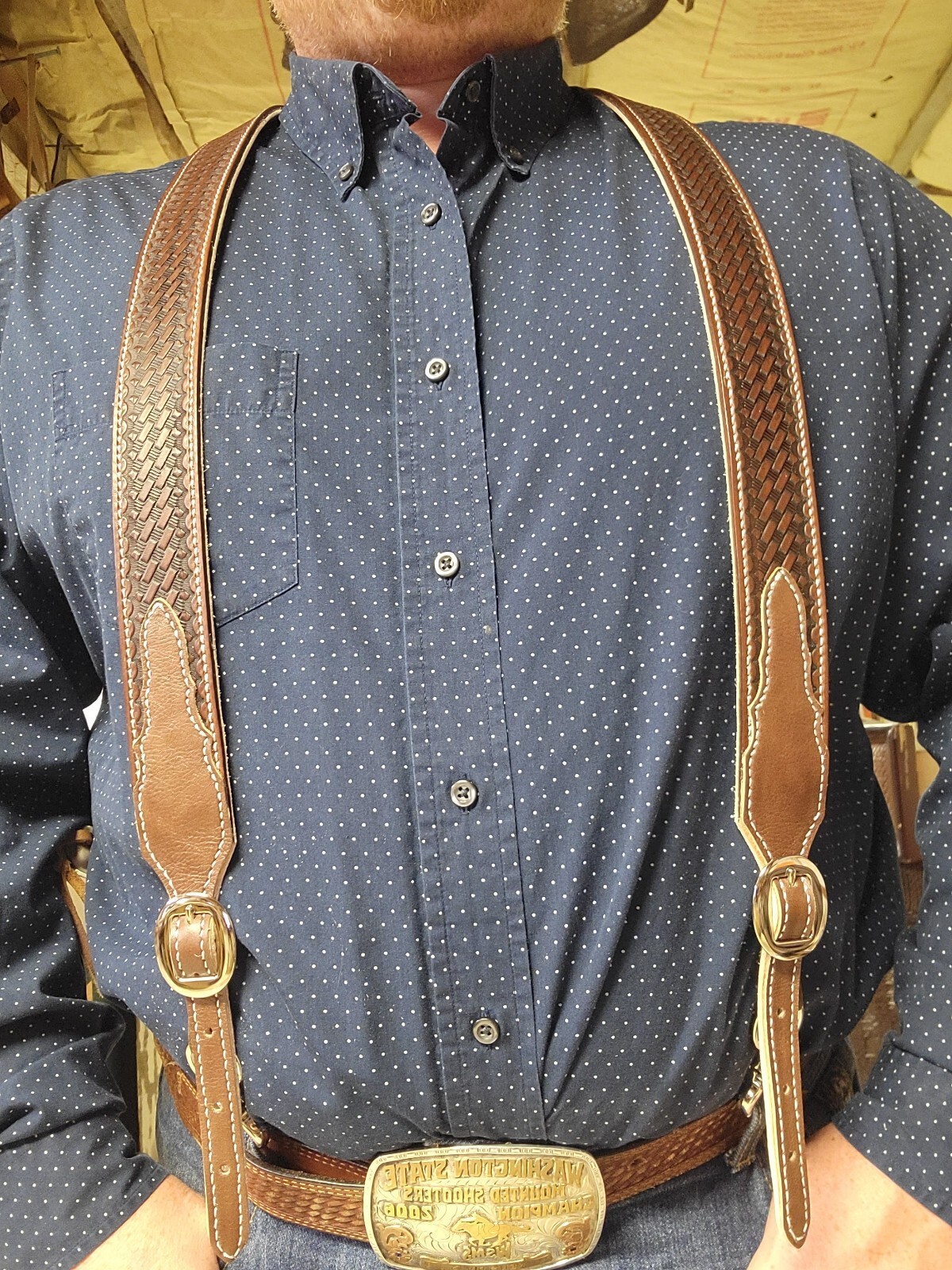 Leather Cowboy Western Suspenders Basket Weaved Stamped Hand Made In The USA