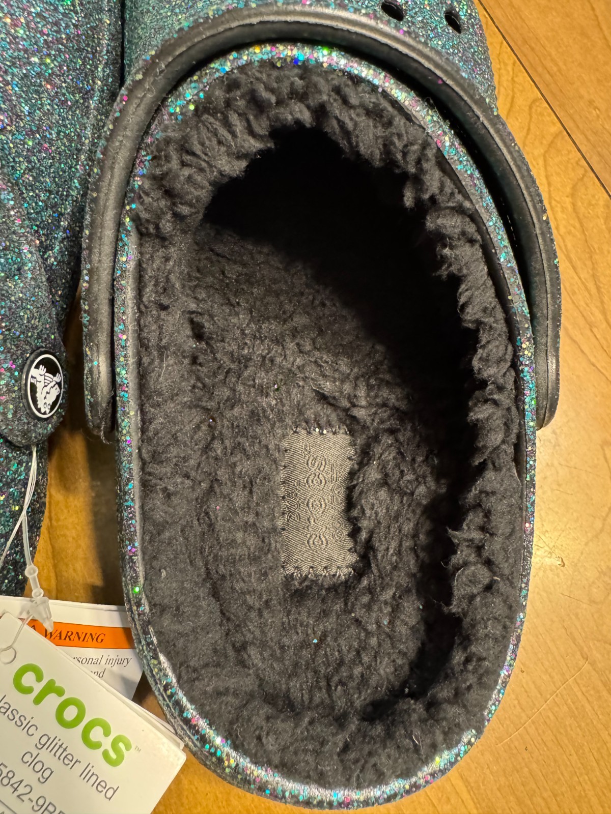 NEW Crocs Classic Green Glitter Lined Clog (Men4/Women6 Black Fuzzy Liner 205842
