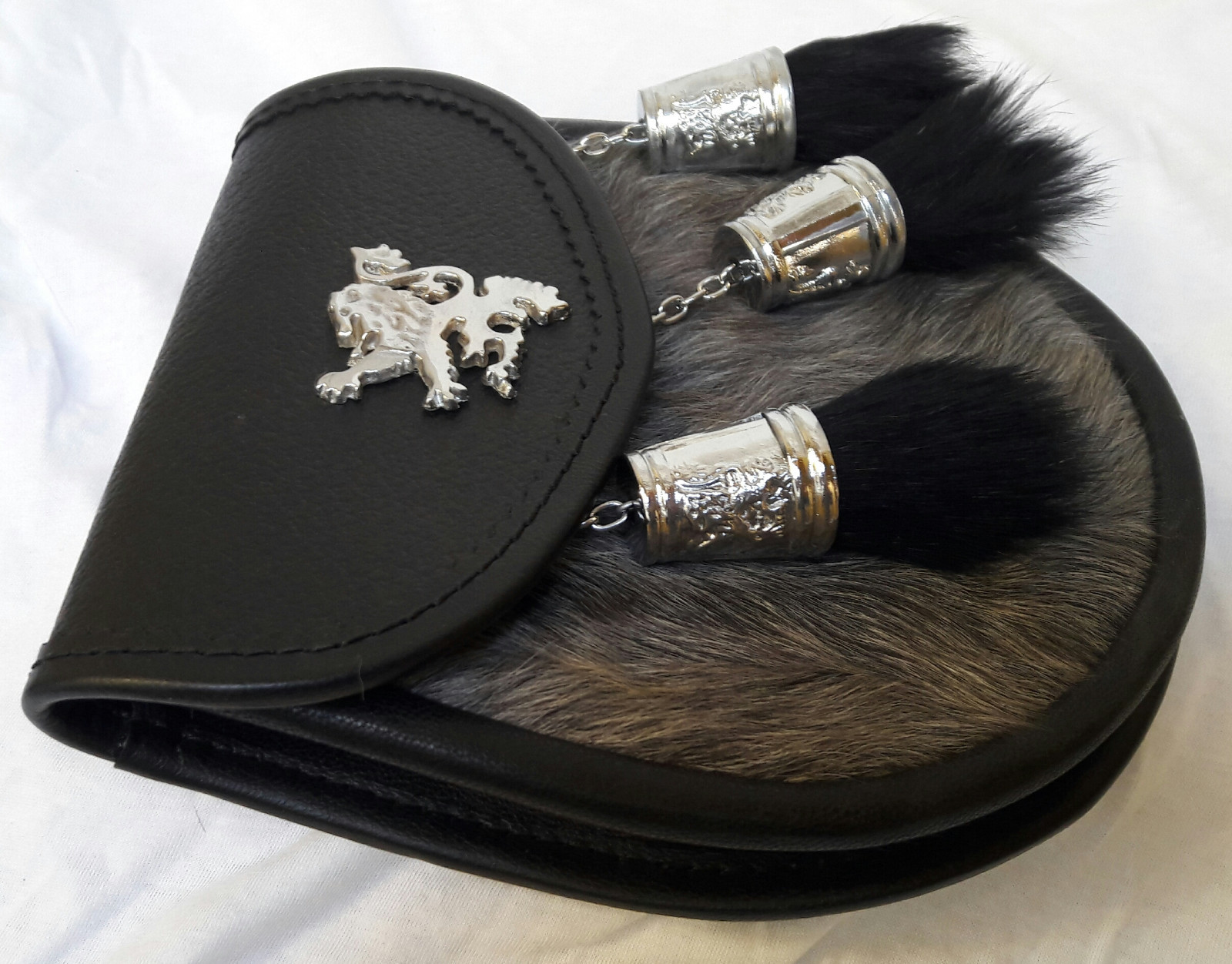 Scottish Kilt Semi Dress Grey Goat Sporran with Rampant Lion & Tassels Caps