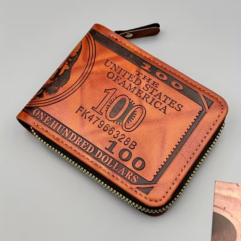 Men US $100 Dollar Bill Novelty Leather Bifold Wallet Card Holder with zipper