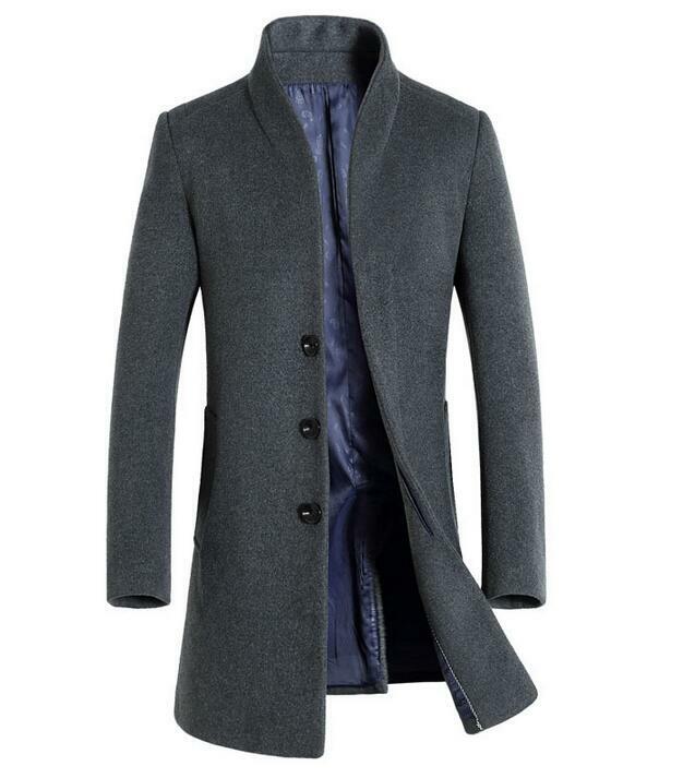 Men’s Wool Blend Mid Length Jacket Formal Stand Collar Slim Trench Coat Oversize