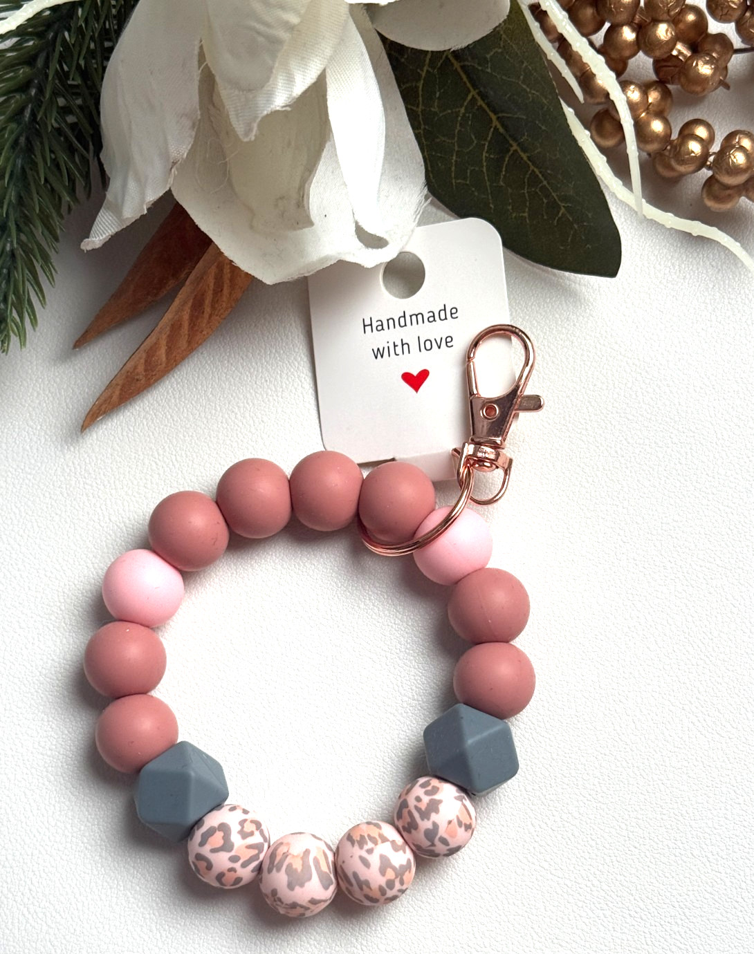 Silicone Beaded Keychain Wristlet Bracelet Mauve Leopard