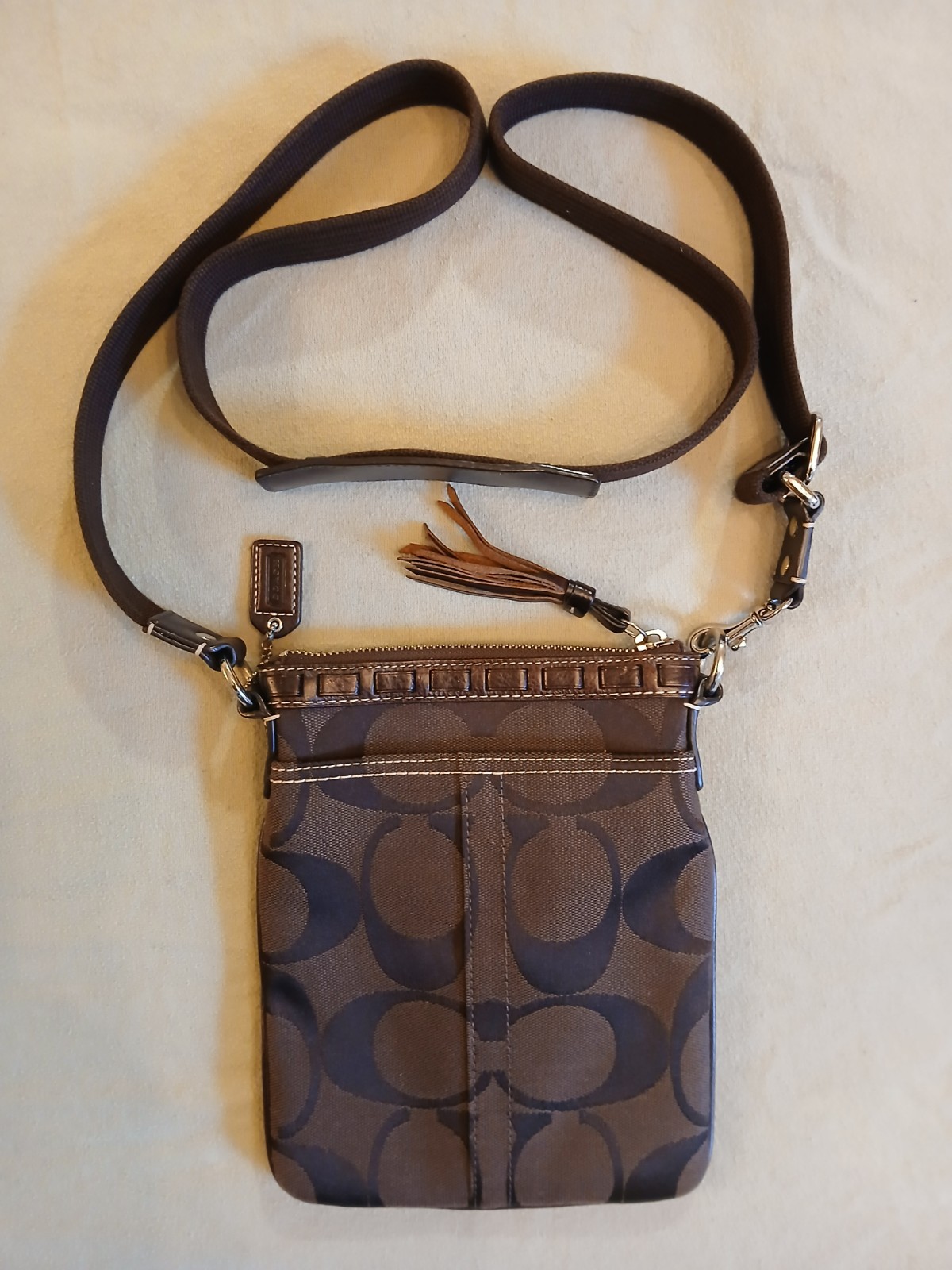 Coach, Hamptons Signature Stripe Python Crossbody, Brown, Excellent Condition