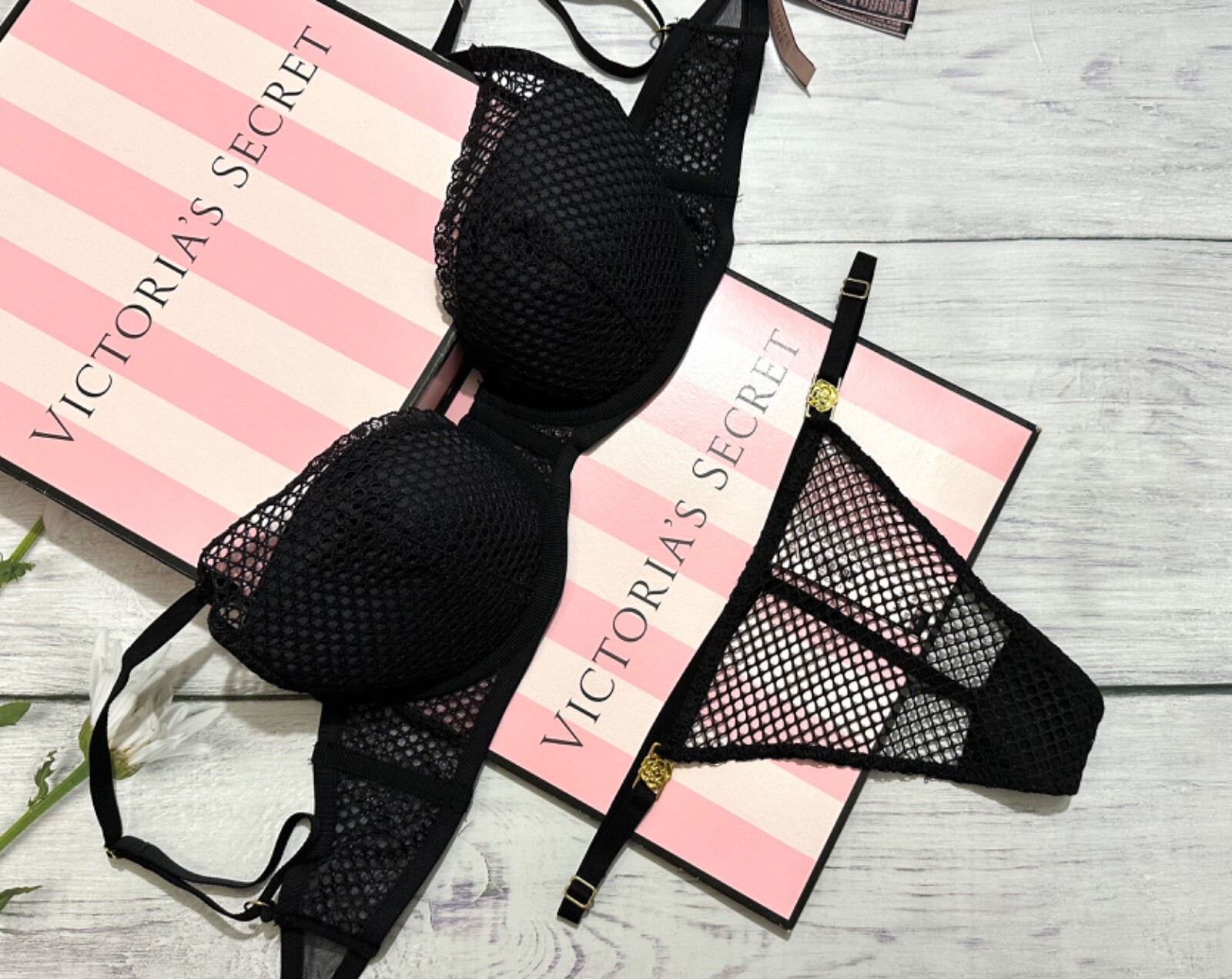 Victoria’s Secret Luxe Lingerie Fishnet Lace Push-up Bra Set Black 34DD 36D 38D
