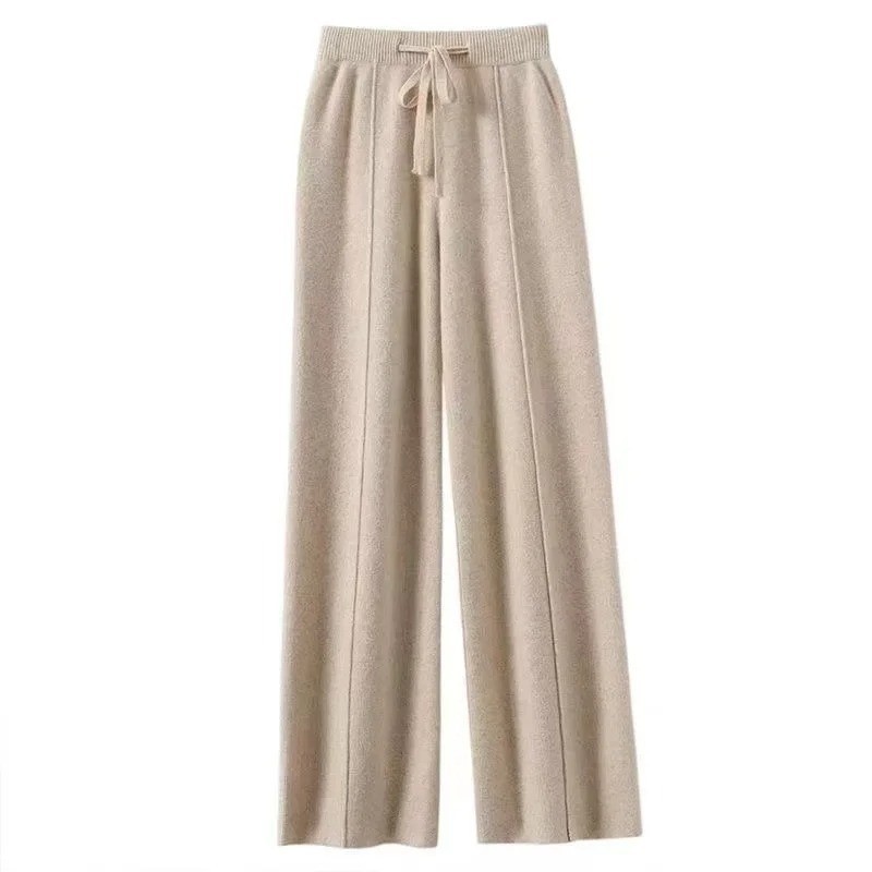 Women Merino Wool Wide Leg Pants Soft Warm Cashmere Knit Trousers Winter Casual