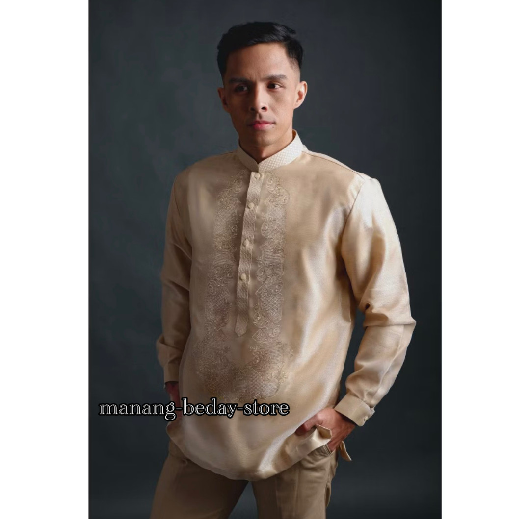Barong Tagalog for Men Pina Organza w/ Lining Beige Spots & Chinese collar