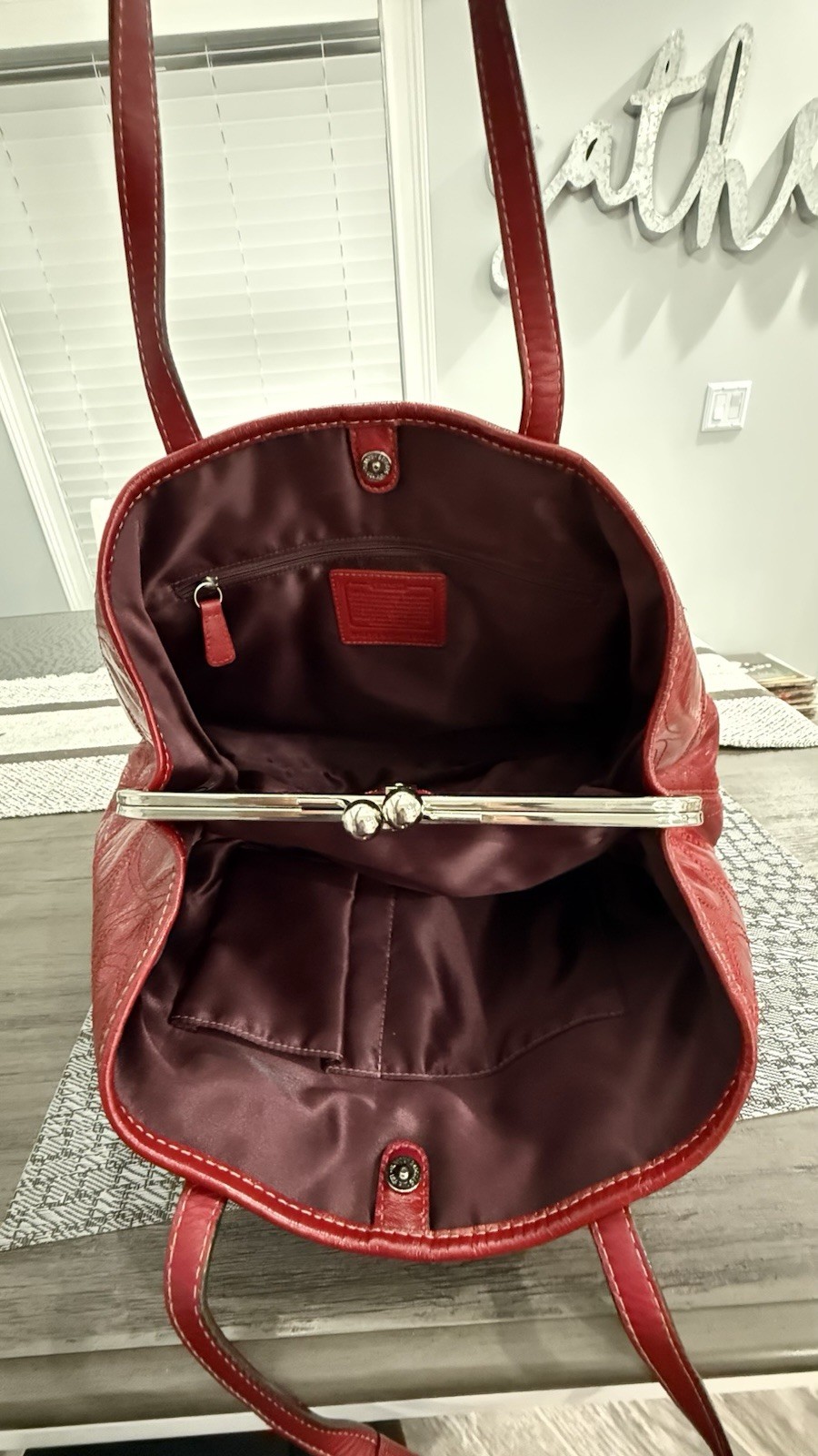 Coach Red Logo Satchel/Top Handle Bag Silver Hardware Kiss Lock Snap Charm