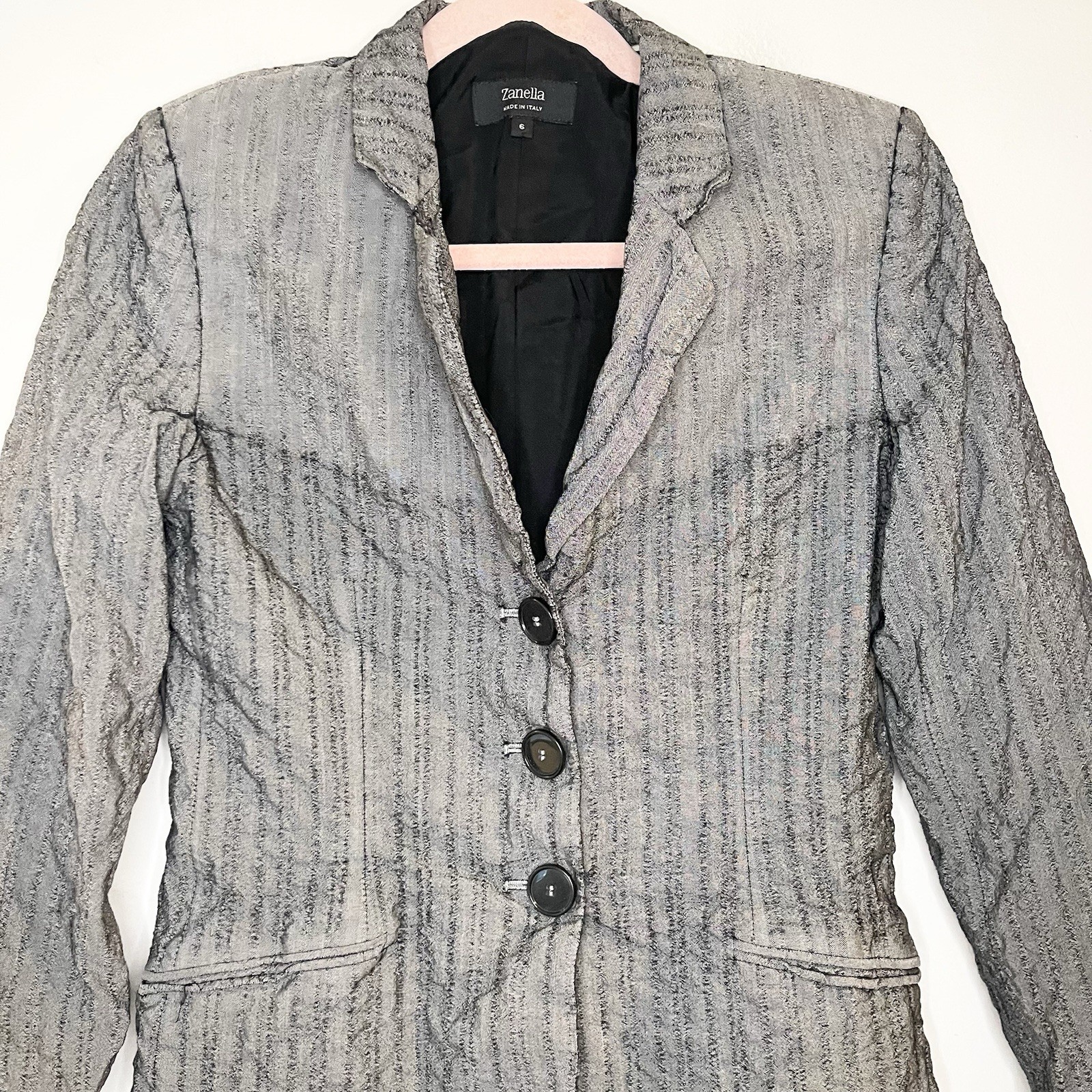 Zanella Womens Silk Wool Crinkle Gray Black Blazer Jacket Italy Career Size 6