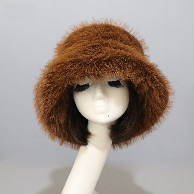 Women’s Fuzzy Bucket Hat Winter Fluffy Furry Plush Faux Fur Hats Fisherman Cap