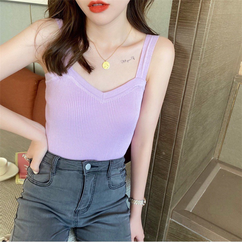 Women’s Fashion Elegant Knitted Camisole Bottoming Undershirt White Casual Tops