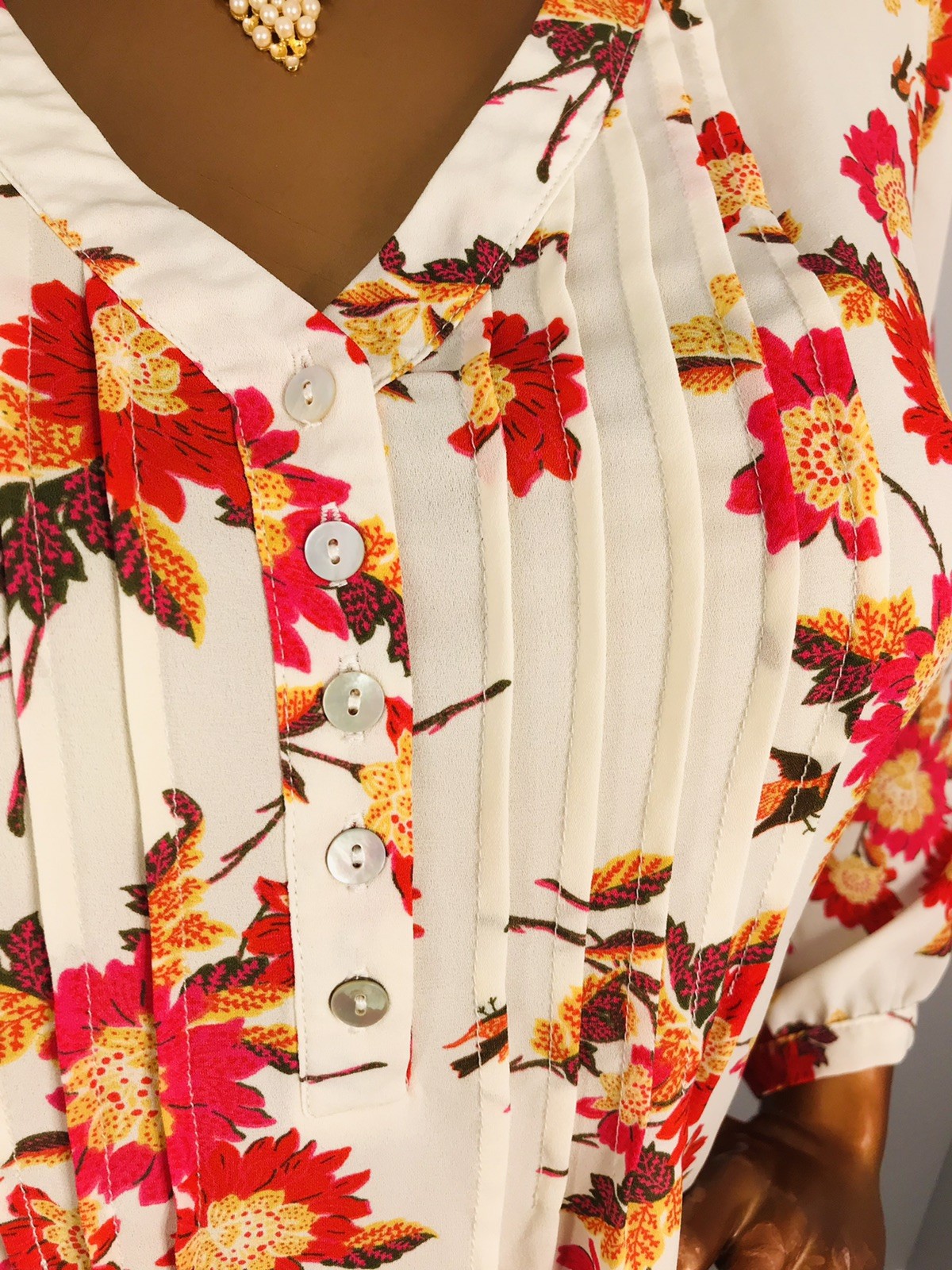 Rose + Olive 1X Plus Top Floral Fall Prints Low V Cut 1/2 Button Up Shirt 3/4 Sl