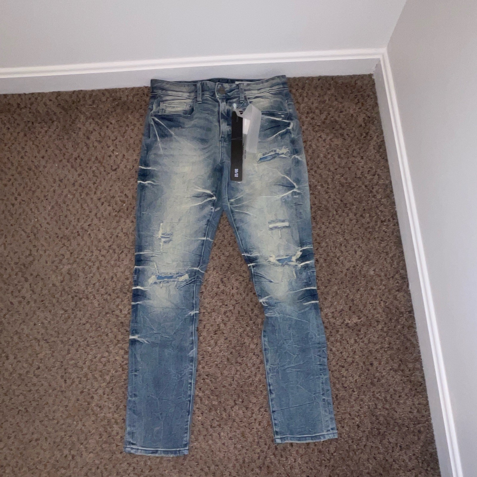 Smoke Rise Men’s Slim Skinny Jeans Light Wash Distressed Mid Rise 5-Pocket