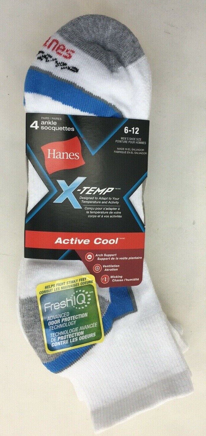 1 pack Hanes 4 Pair X-TEMP MENS ANKLE SOCKS White blue and red stripe SIZE 6-12