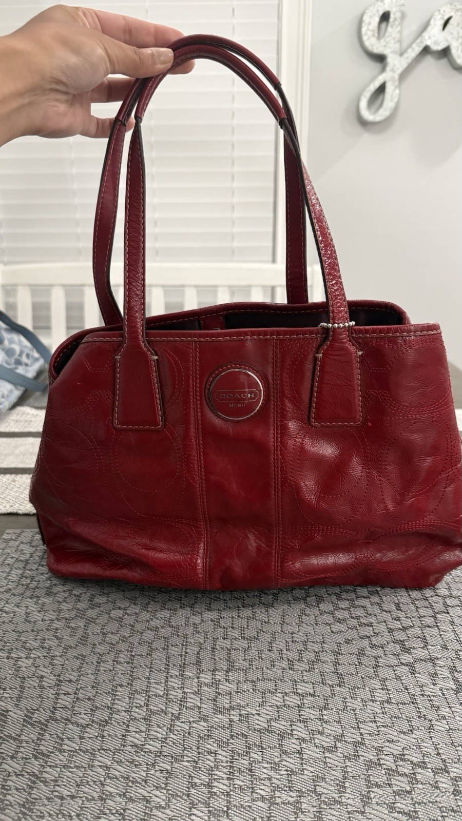 Coach Red Logo Satchel/Top Handle Bag Silver Hardware Kiss Lock Snap Charm