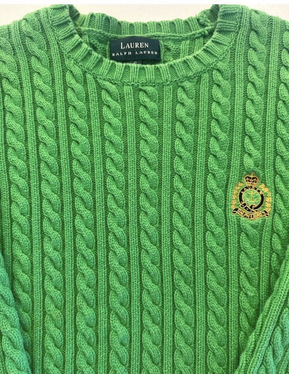 Lauren Ralph Lauren Green Cable-Knit Crew Neck Pullover Cotton Raglan S