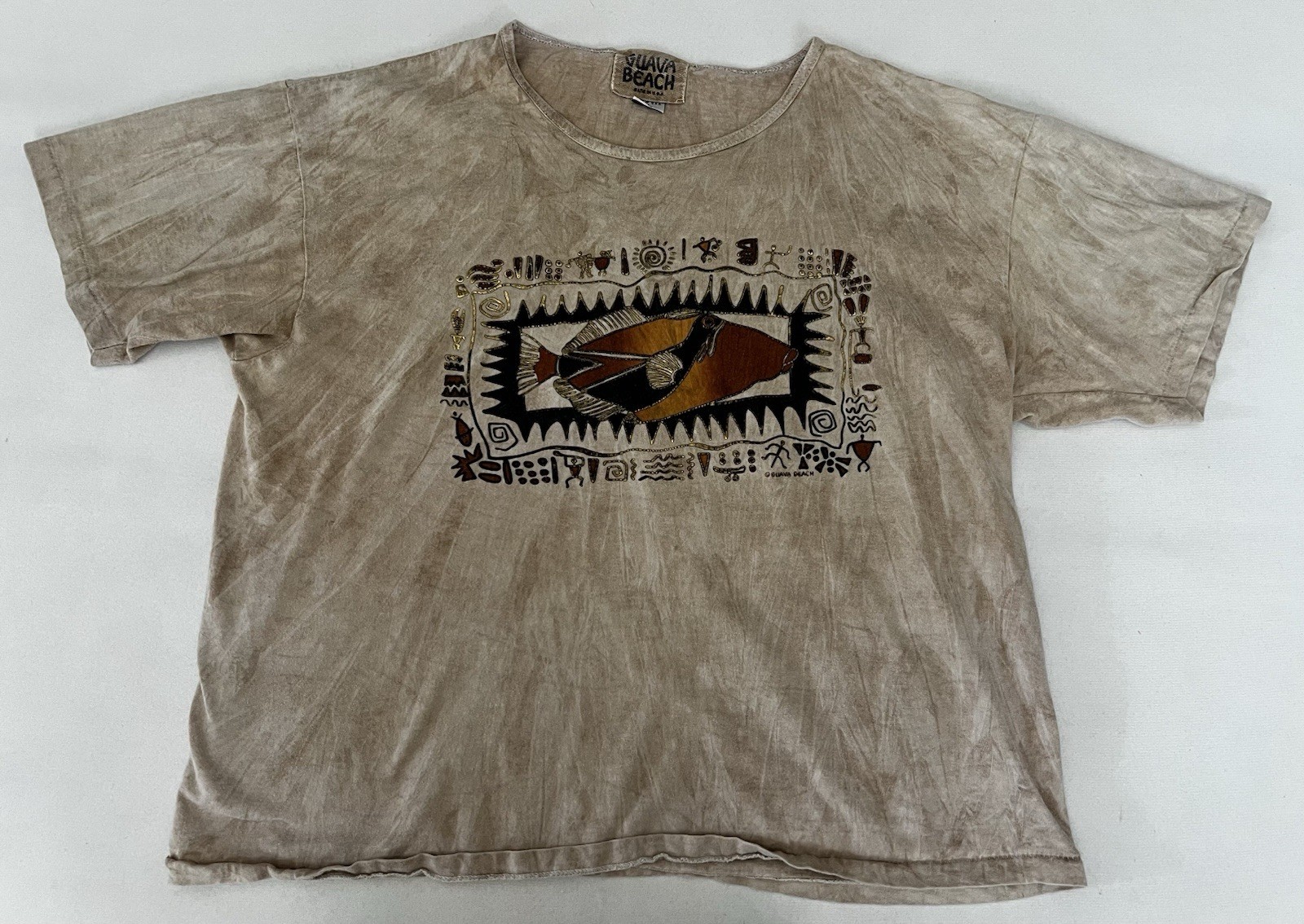 Vintage Guava Beach XL Brown Marbled Fish Graphic Beige Tee Single Stitch USA