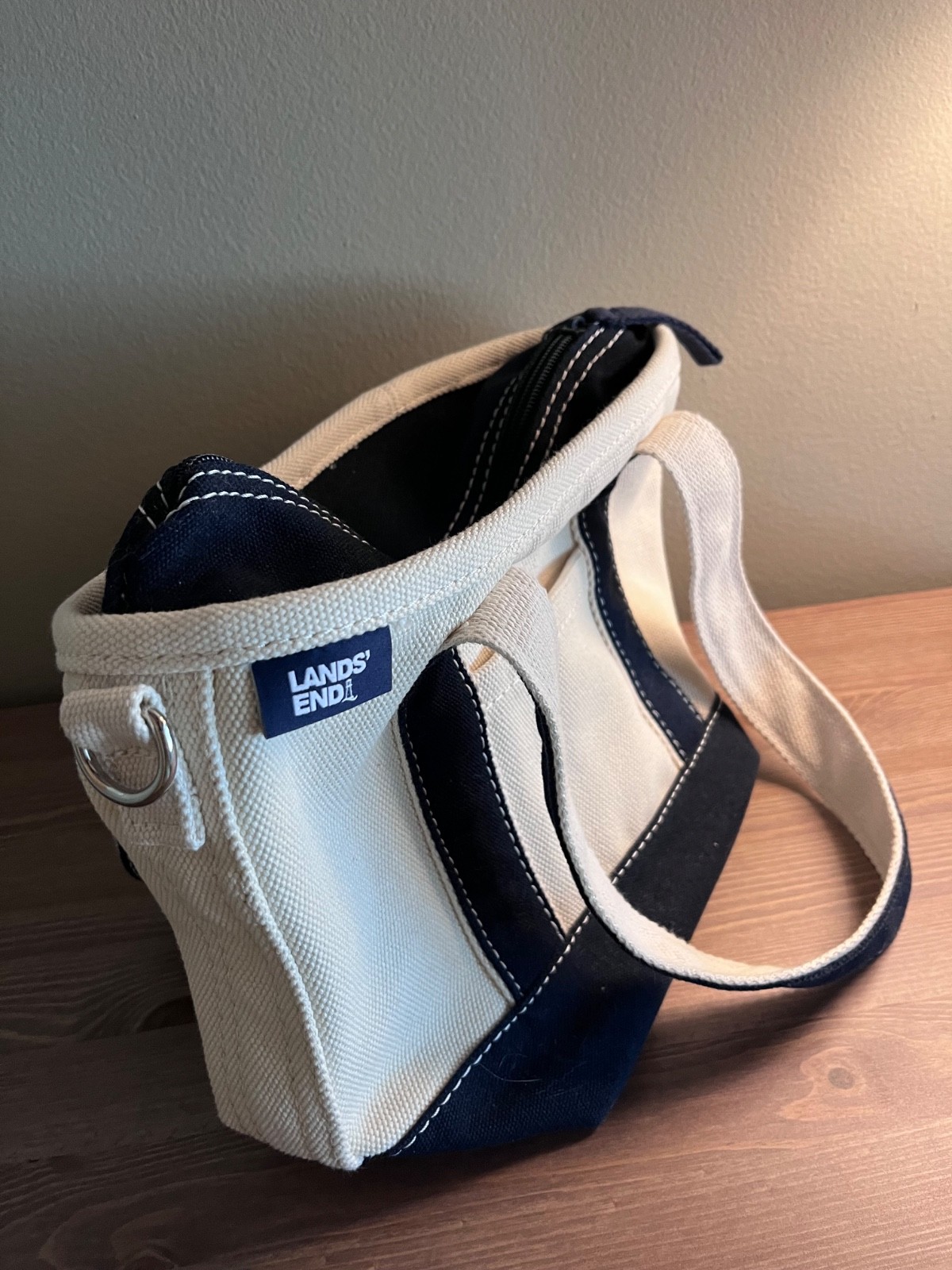 Small Natural 3 Pocket Zip Top Long Handle Lands End Canvas Tote Bag