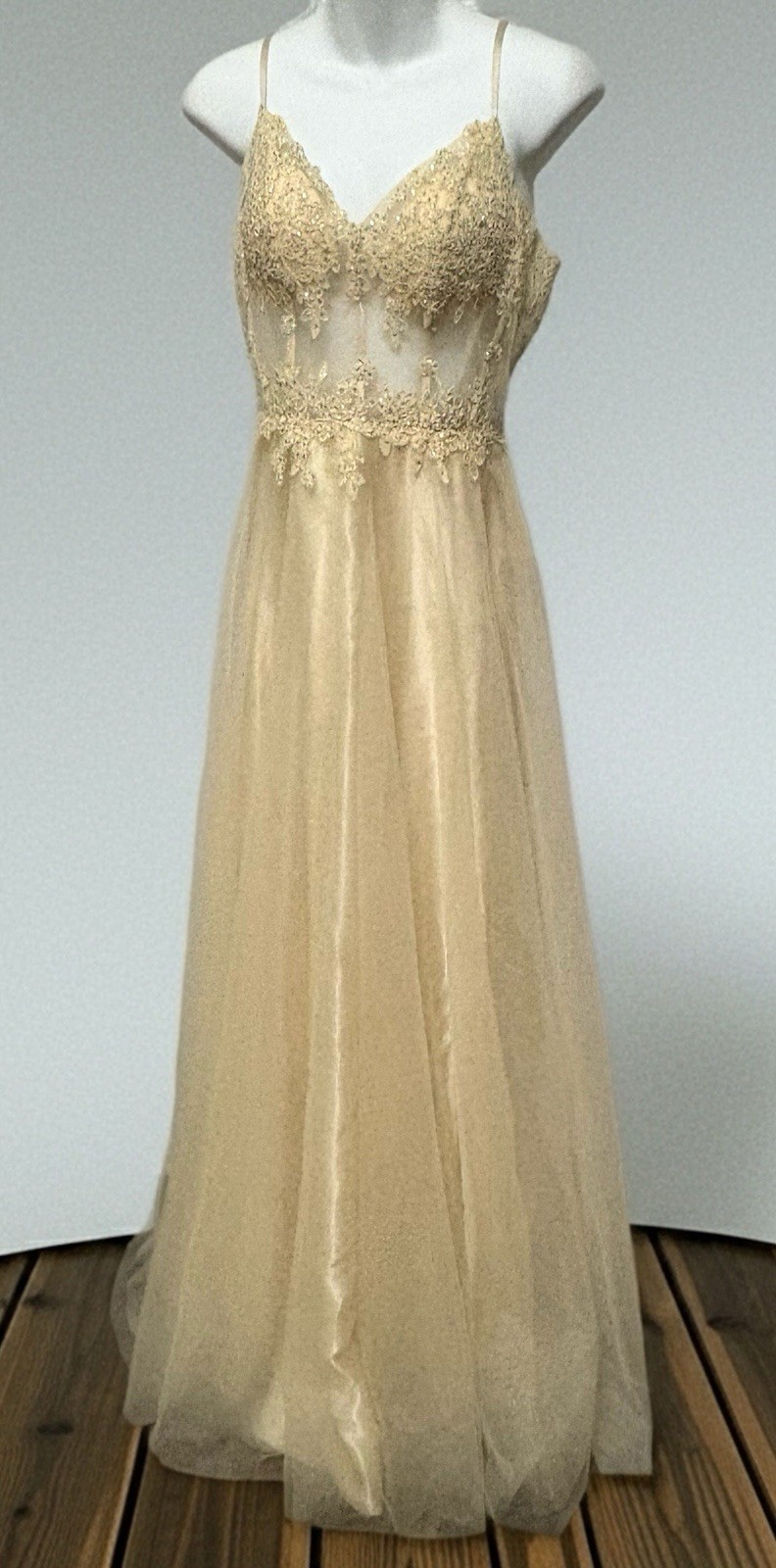 Blondie Nites by Stacy Sklar Champagne Beaded Prom Dress 7 Fairycore Formal Gown
