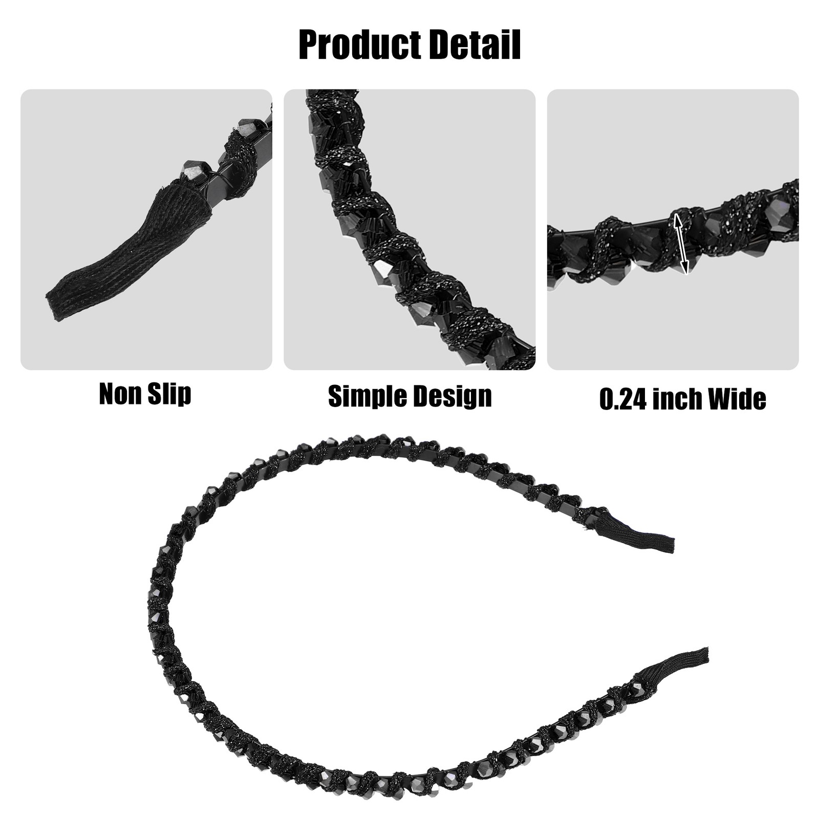 1 Pcs Rhinestone Hair Hoop Headband Thin Hairband for Women Black 0.24“ Wide