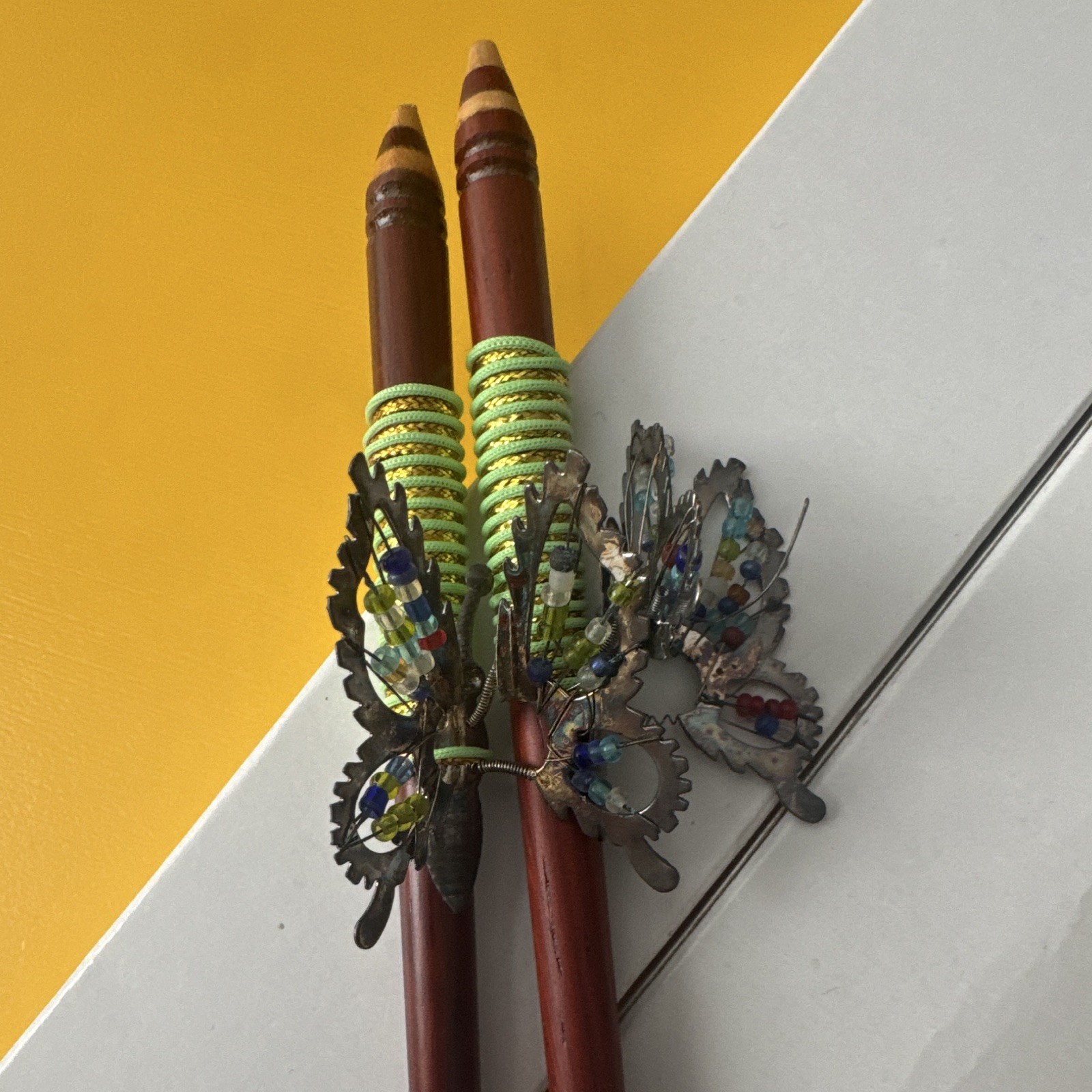 Wood & Metal Beaded Nature Decorative Hair Sticks Pair Brown Silver Green