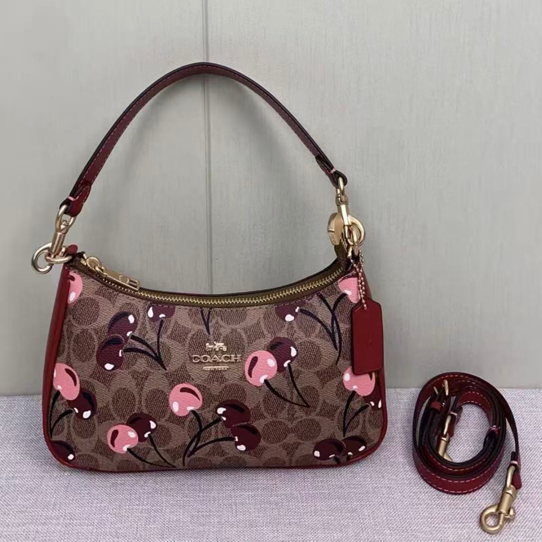 COACH CY694 Teri Shoulder Bag Signature Canvas Cherry Print Tan Brown NWT
