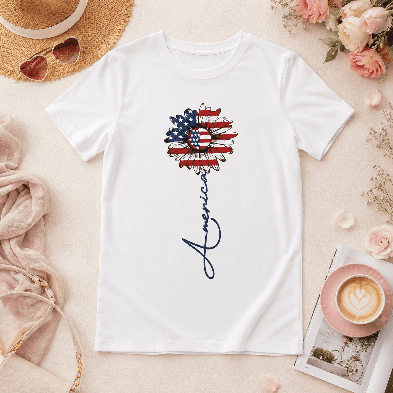 Patriotic USA Flag Sunflower Graphic Tee – America Script Floral Summer T-Shirt