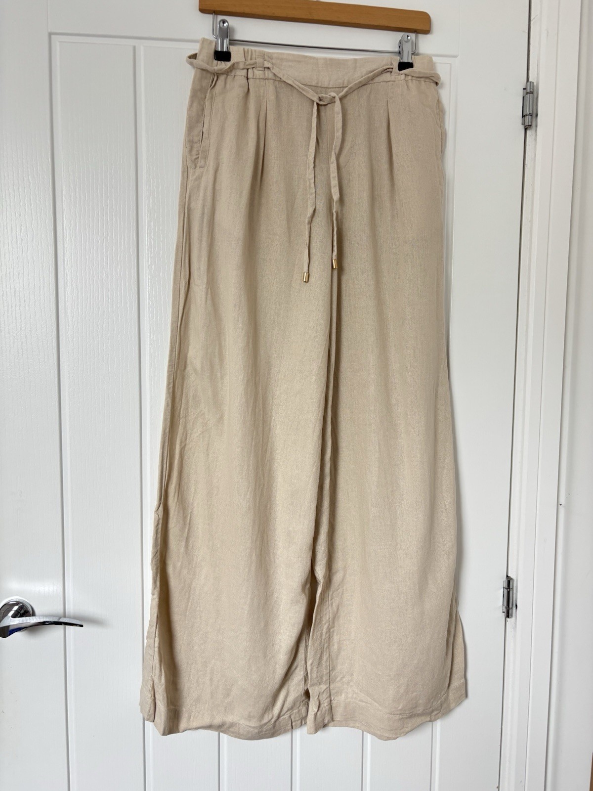 Zara Beige Natural Ecru Linen Blend Wide Leg Trousers Pants Tie Xs Pockets High