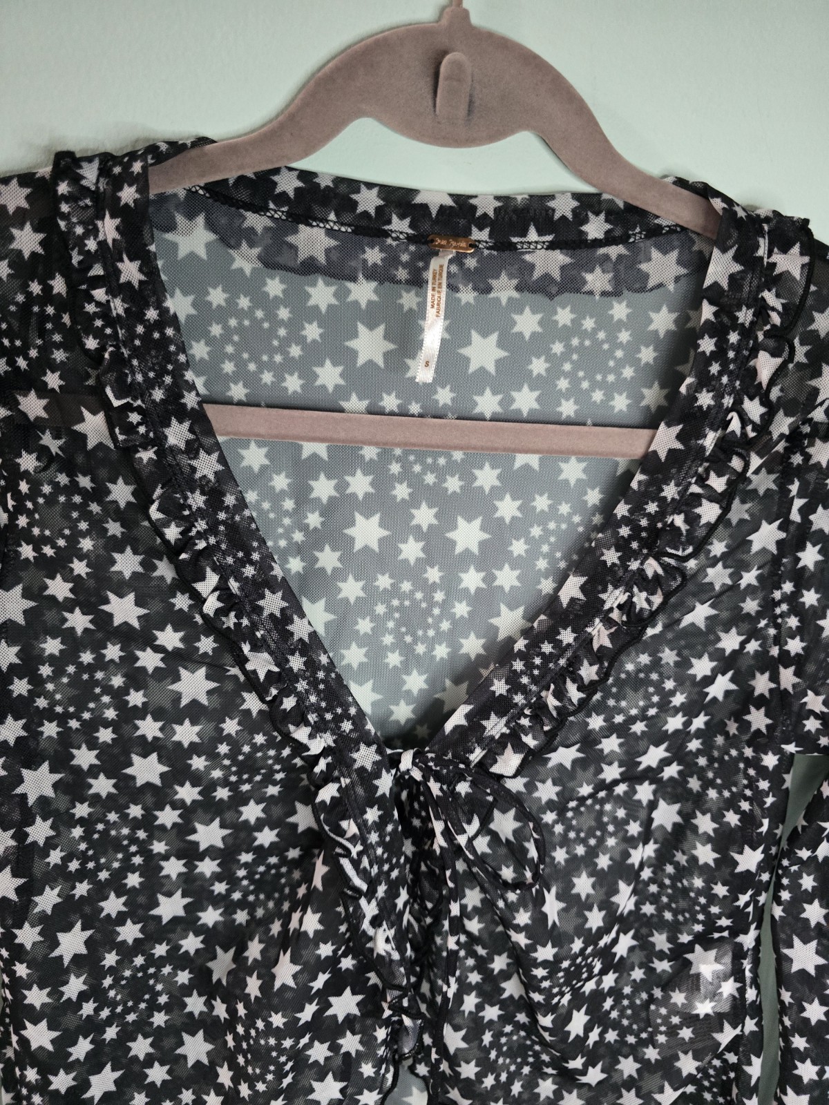 FREE PEOPLE Sheer mesh Black White Star Print Front Tie Marne Top Women’s Size S