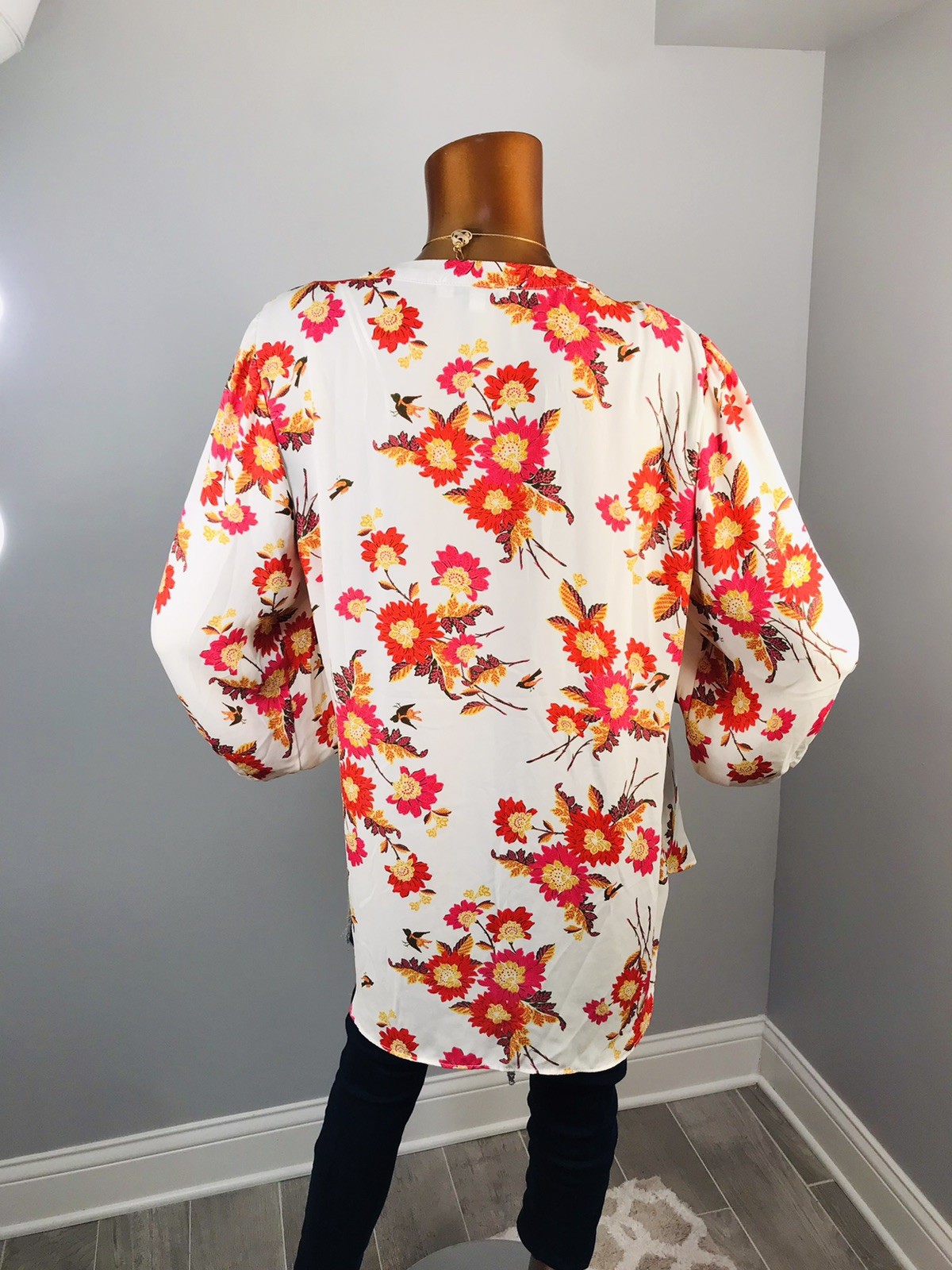 Rose + Olive 1X Plus Top Floral Fall Prints Low V Cut 1/2 Button Up Shirt 3/4 Sl