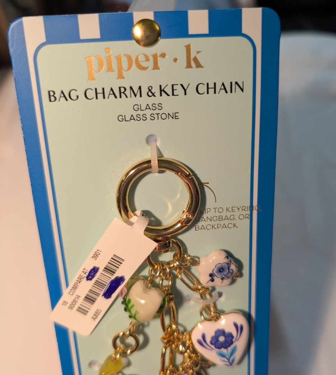 NWT PIPER K BAG CHARMS AND KEYCHAIN GLASS GLASS STONE CLIP BACKPACK HANDBAG SAFE