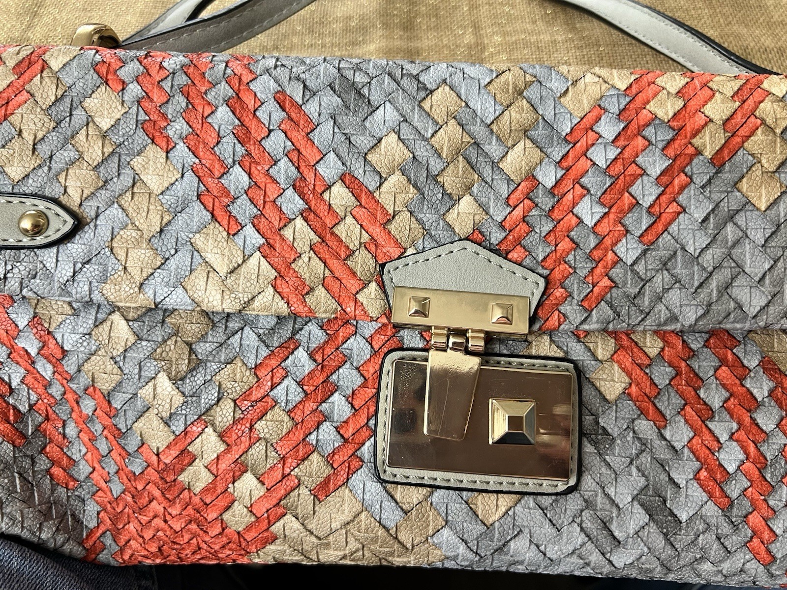 Woven Plaid Pattern Clutch Shoulder Bag with Turn-Lock Closure